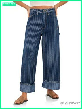 Striped Wide Leg High Rise Baggy Boyfriend Jeans Cuffed Denim Pants